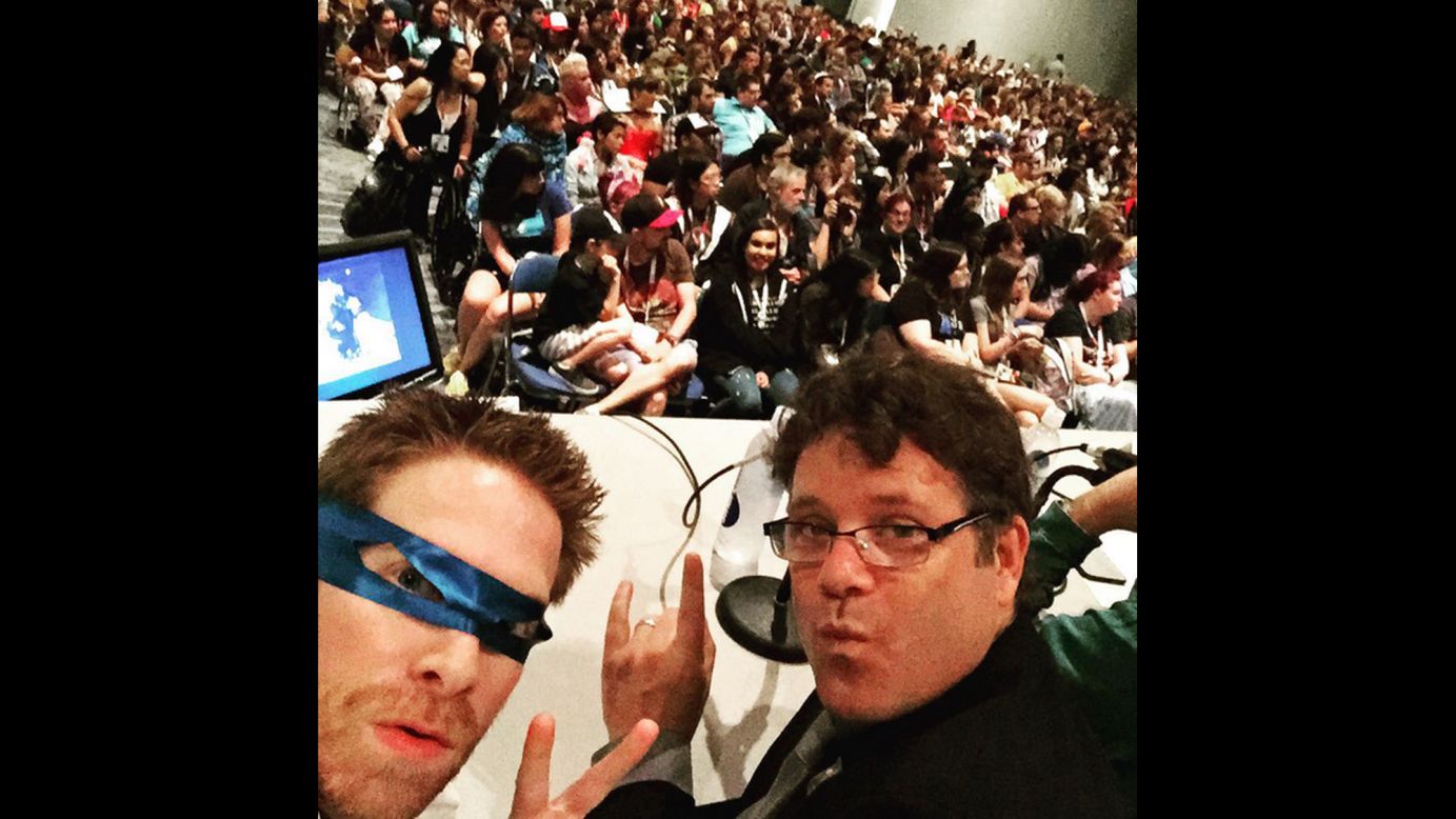 Actors Seth Green, left, and Sean Astin <a href="https://instagram.com/p/4-HRYoA2UP/" target="_blank" target="_blank">host a "Teenage Mutant Ninja Turtles" panel</a> at San Diego Comic-Con on Friday, July 10. Both of them voice characters on Nickelodeon's animated television show.