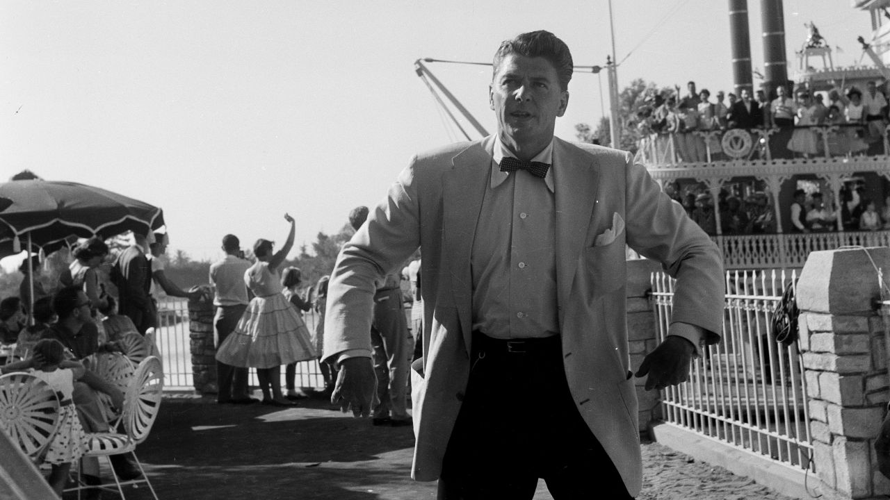 Future U.S. President Ronald Reagan, shown here, was an actor when he co-hosted ABC's live 90-minute broadcast announcing Disneyland's opening. ABC television personality Art Linkletter and actor Bob Cummings were also co-hosts of the broadcast, which was viewed by more than 70 million people. 