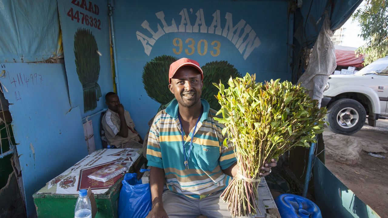  A man purchases a bundle of the narcotic plant khat, which is hugely popular in Hargeisa.