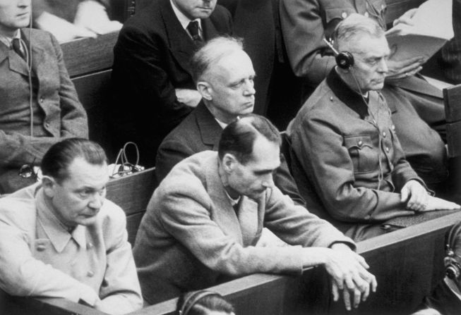 Rudolf Hess (center) was a longtime personal aide to Adolf Hitler. At the Nuremberg trials, he was sentenced to life in prison and ultimately committed suicide behind bars in 1987, at age 93. With him were Goering (left), Foreign Minister Joachim von Ribbentrop and Armed Forces Chief of Staff Wilhelm Keitel. All but Hess were sentenced to death. 