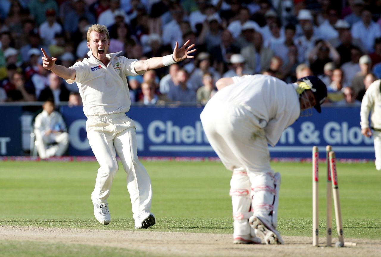 Brett Lee is one of the most fearsome fast bowlers in Test cricket history. The Australian's deliveries regularly clocked upwards of 95 mph, with his fastest ever being 100.1 mph. Here he bowls the middle stump of England's Andrew Flintoff during the Fourth Ashes Test at Trent Bridge, Nottingham in 2005.