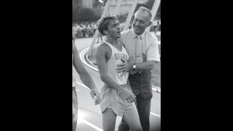 Bowerman, right, meets with runner Steve Prefontaine after a race in Eugene, Oregon, in June 1970. Prefontaine would later become the first track athlete to endorse Nike products.