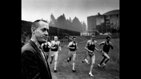 Blue Ribbon Sports was founded by Bill Bowerman, track-and-field coach from the University of Oregon, and former Oregon track athlete Phil Knight. Here, Bowerman watches some of his athletes train. Knight is fourth from the right.