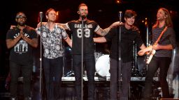 INGLEWOOD, CA - APRIL 04: Michael Madden, PJ Morton, Adam Levine, James Valentine, Jesse Carmichael, and Matt Flynn of Maroon 5 perform at The Forum on April 4, 2015 in Inglewood, California. (Photo by Christopher Polk/Getty Images)