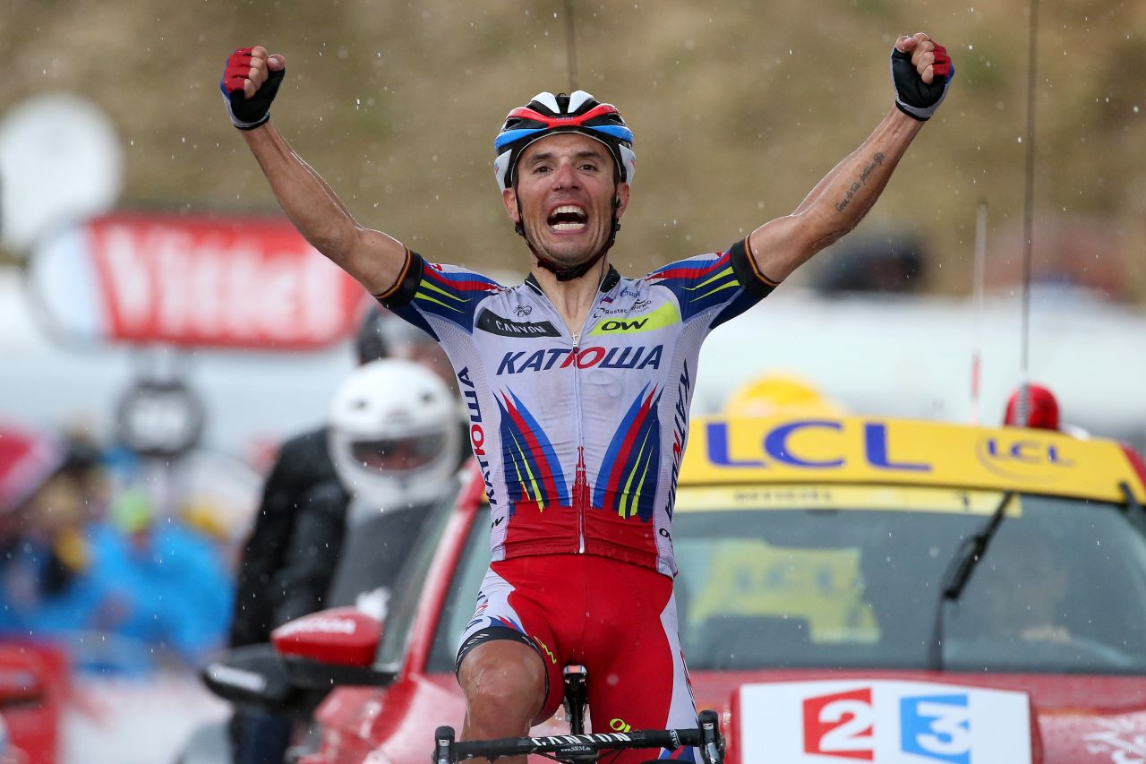 Joaquin Rodriguez shows what it means to win a stage of the Tour de France, the 195 km leg between Lannemezan and Plateau de Beille on July 16.