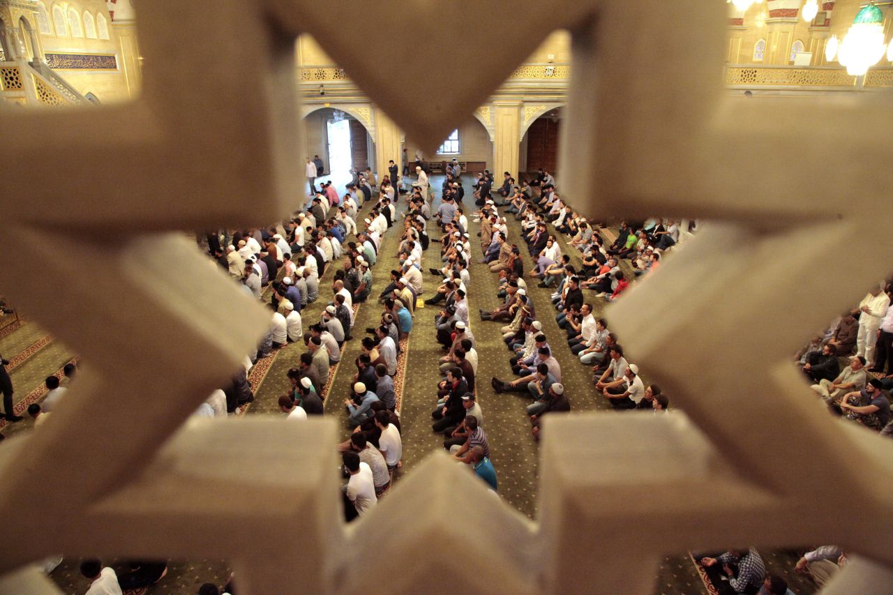 Chechen Muslims perform an Eid al-Fitr prayer in Grozny, Russia.
