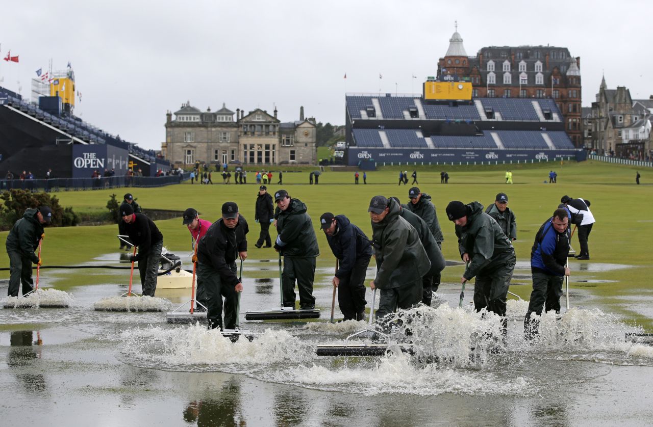 The start of the second round at the Open Championship was delayed Friday after torrential rain flooded sections of the course. 
