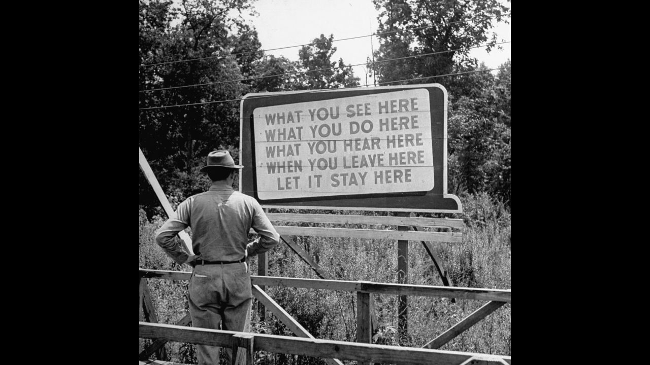 The Manhattan Project also involved research facilities in Oak Ridge, Tennessee, and Hanford, Washington. Billboards, like this one in Oak Ridge, reminded workers of the project's top-secret nature.