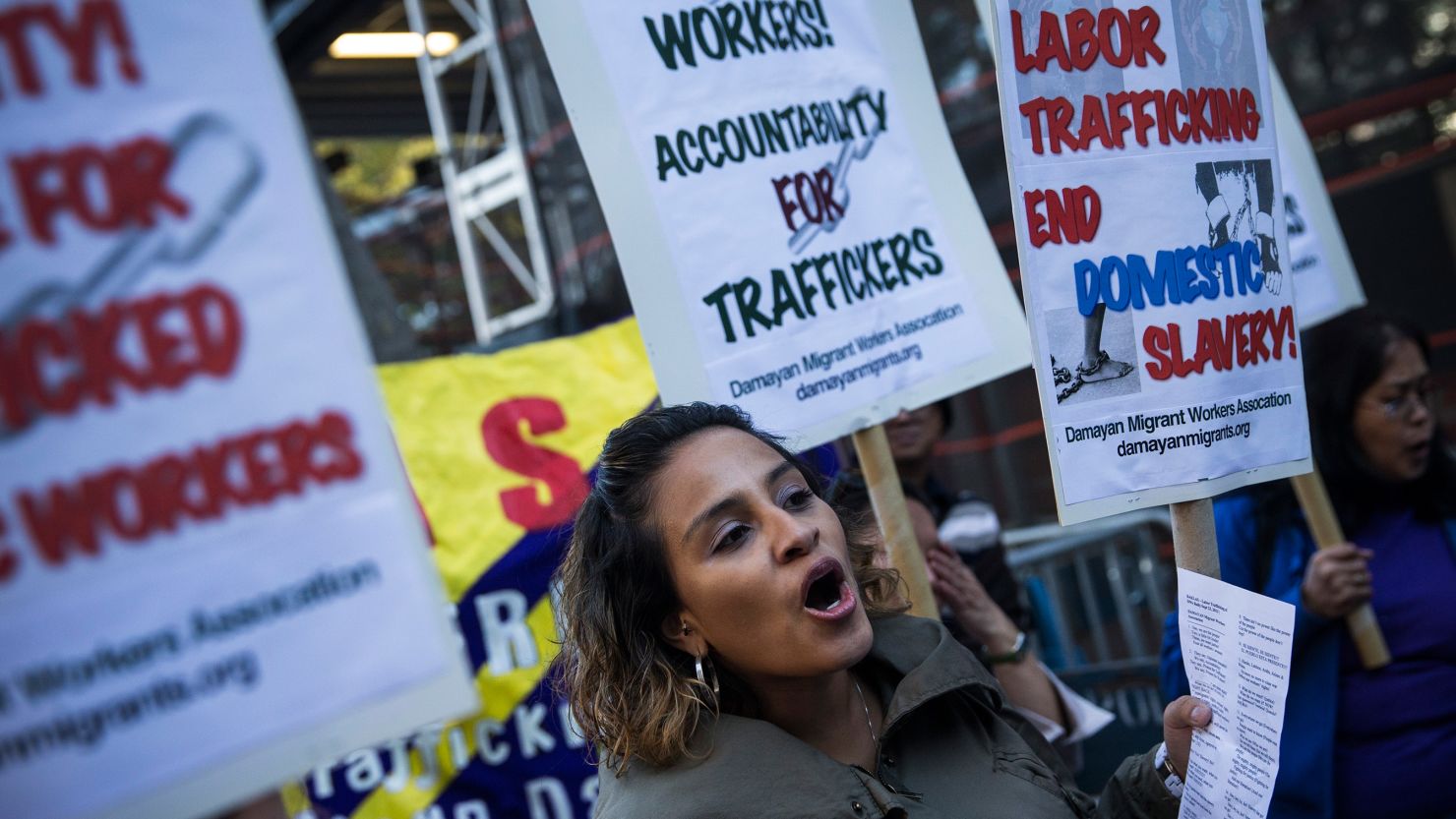Protests against labor trafficking and modern day slavery outside the United Nations on September 23, 2013, New York.