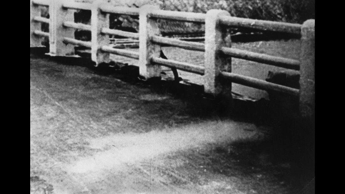 A white silhouette on a Hiroshima bridge shows an area that wasn't scorched by the bomb. It was reportedly the outline of a person's shadow -- someone who was shielded from the blast's heat rays by another person.