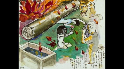 This drawing by survivor Akira Onogi shows a woman pinned under a pillar from her collapsed house as deadly flames approach. Next to the woman, a sobbing girl pleads for help from neighbors. The neighbors couldn't move the pillar.