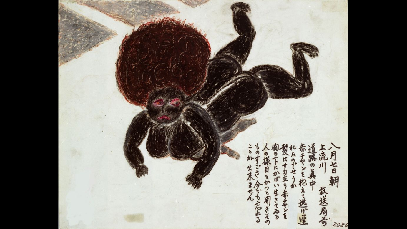 Mitsuko Taguchi is haunted by this scene, depicted in her drawing, of a dead mother and child who had fallen while trying to outrun flames. "Her hair was standing on end," Taguchi said. "She still protected her child under her breast, like a living person. Her eyes were open wide. I cannot forget that shocking sight." 