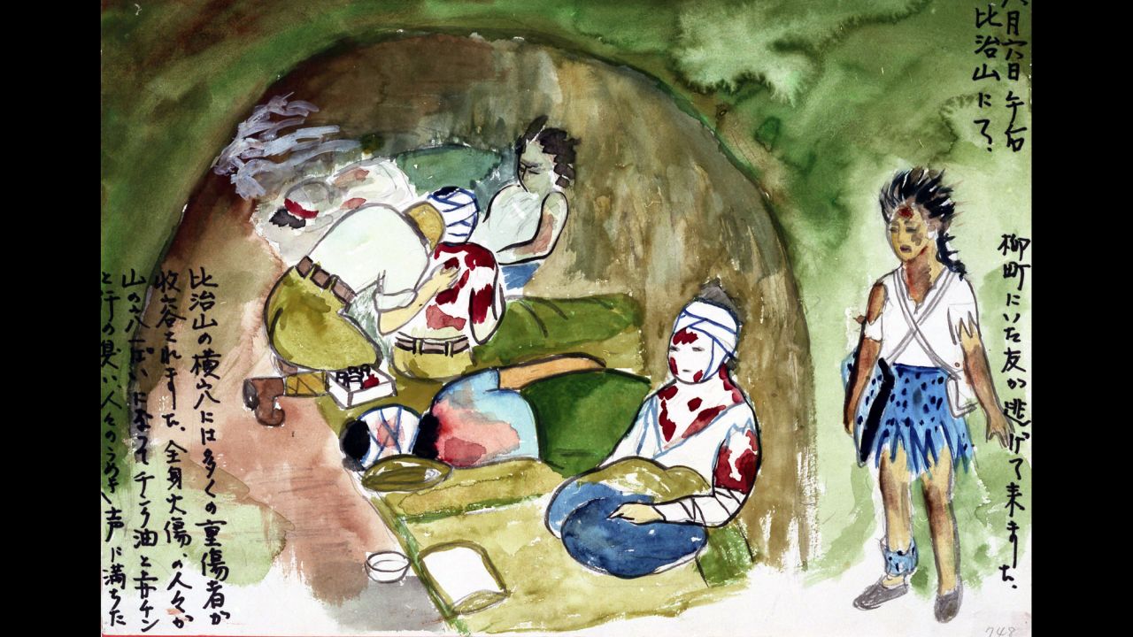 Survivor Asako Fujise drew this image of a bomb shelter that was being used as a makeshift hospital. It was "filled with moans and the smell of zinc oxide and Mercurochome mixed with sweat."