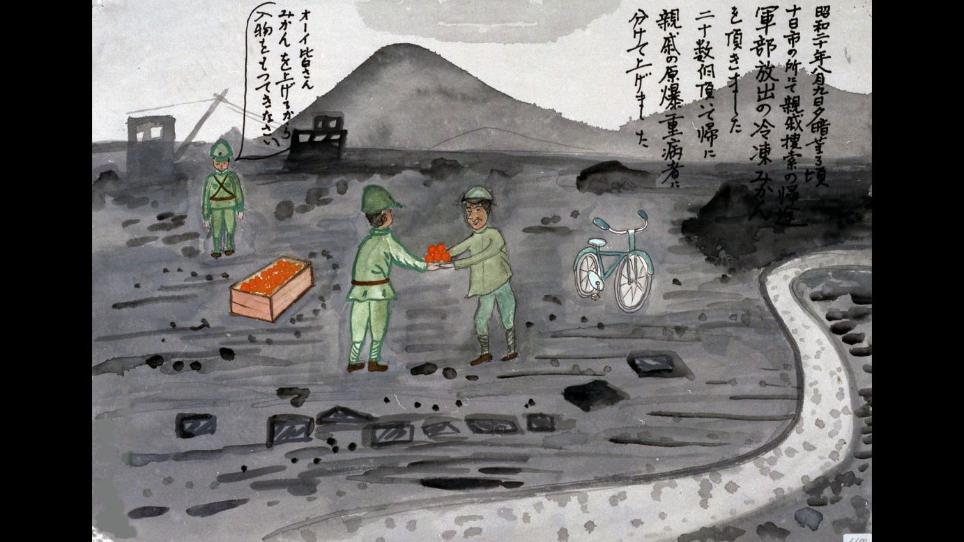 Not all the drawings depict bad memories. Masaru Shimizu remembers being given a few dozen frozen mandarin oranges by the military. "I gave some of them to relatives who were seriously injured by the atomic bomb," she said.