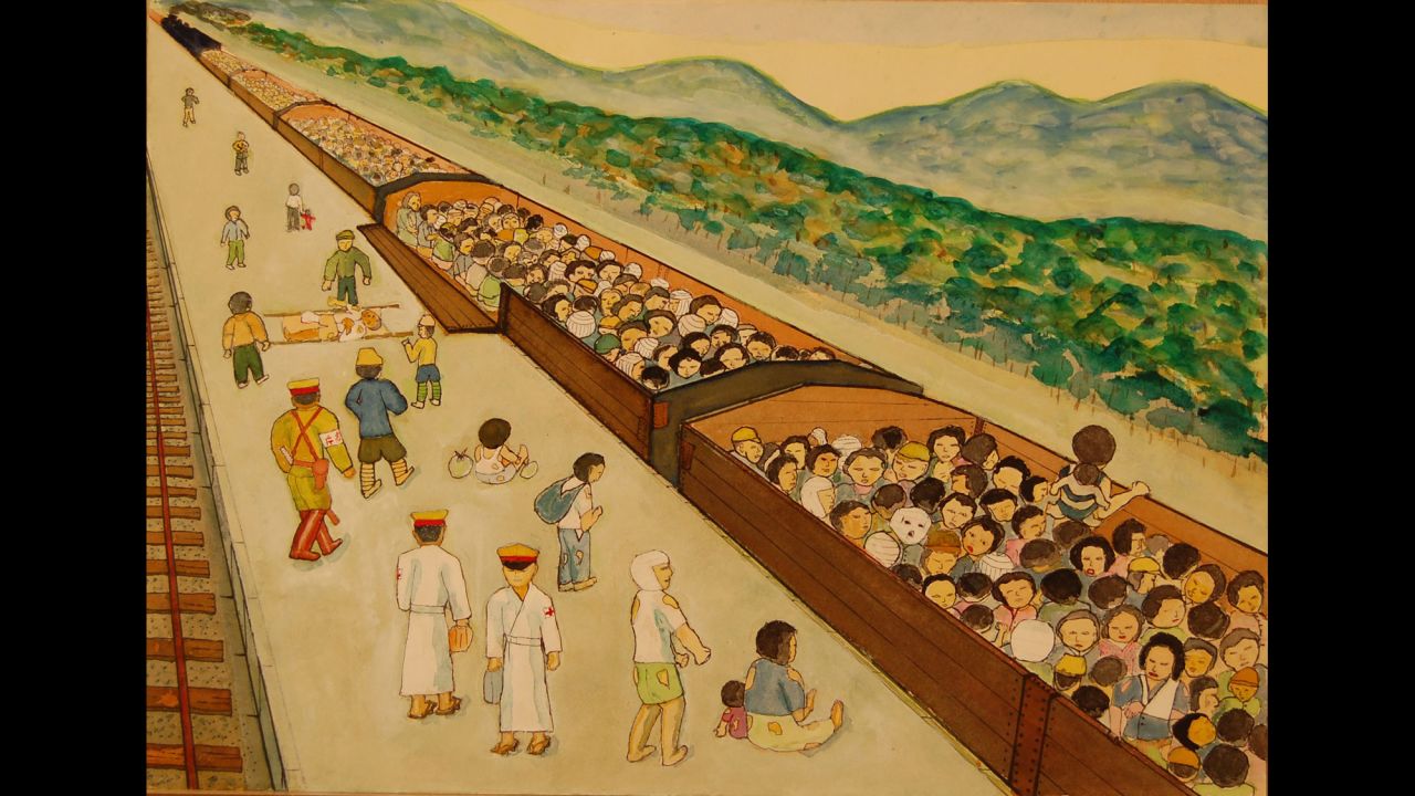 Like cattle, injured survivors were loaded into rail cars to escape the ruined city. "Most people were injured, and those with burns were slathered with white medicine," Kazuo Koya said. "There were so many bandaged people. With only the clothes on their backs, they waited under the blazing sun for departure."