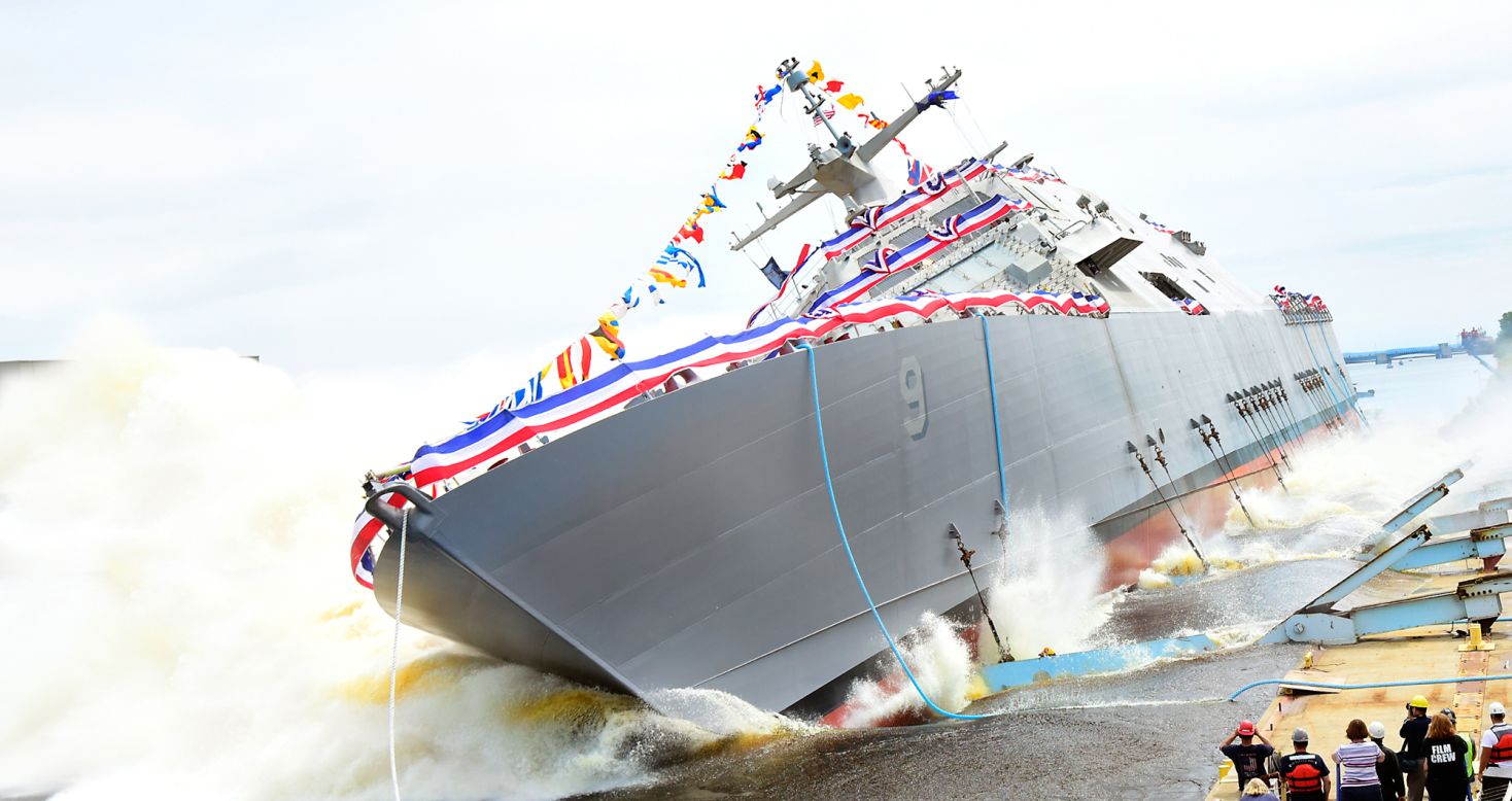 The future USS Little Rock (LCS-9) was christened and launched into the Menominee River in Marinette, Wisconsin, on July 18, 2015. The Little Rock is a Freedom variant littoral combat ship. 