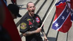 A Ku Klux Klan member shouts during a Klan demonstration at the state house building on July 18 in Columbia, South Carolina.