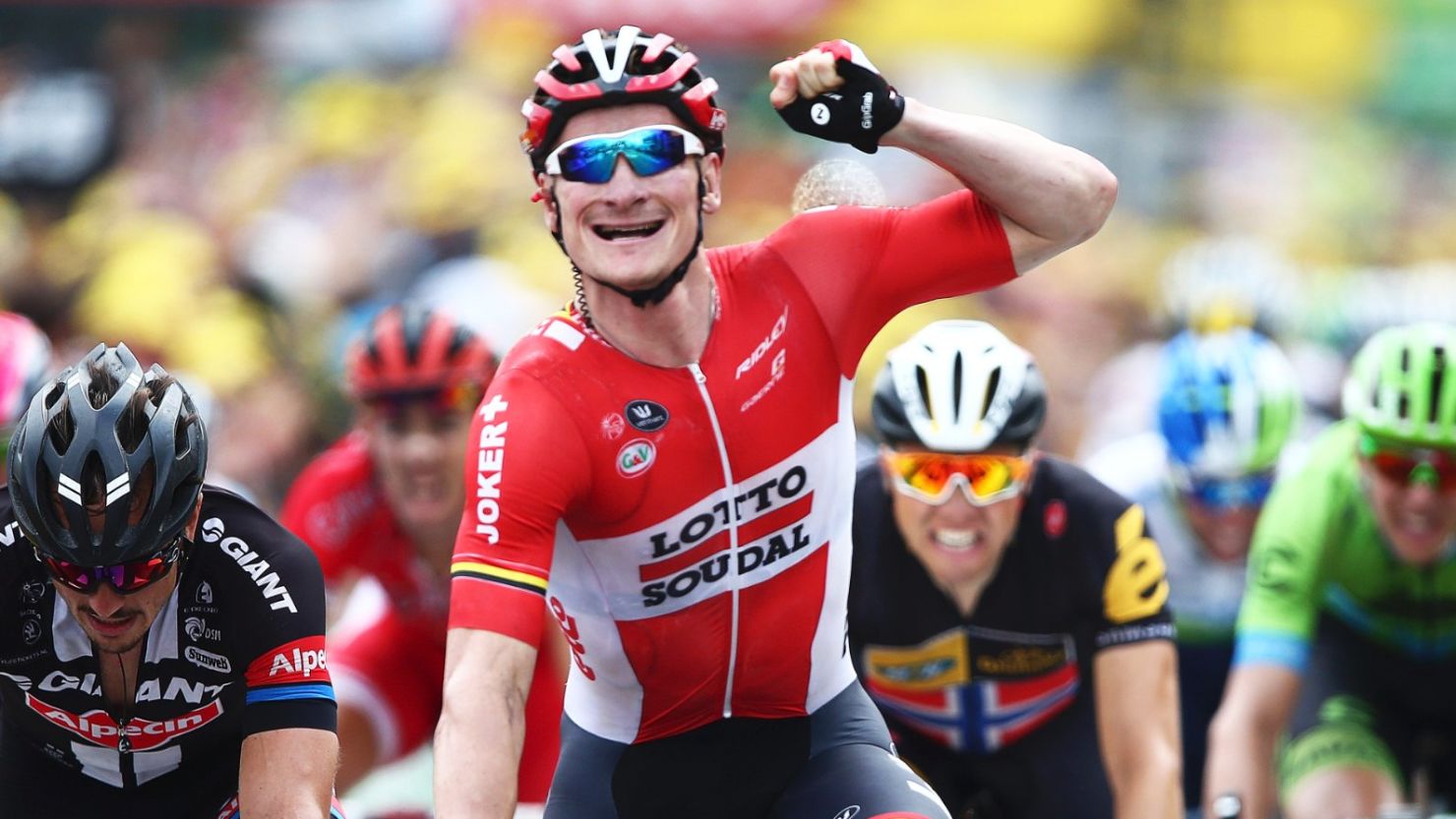 Andre Greipel celebrates his hat-trick of stage wins on the 2015 Tour de France.  