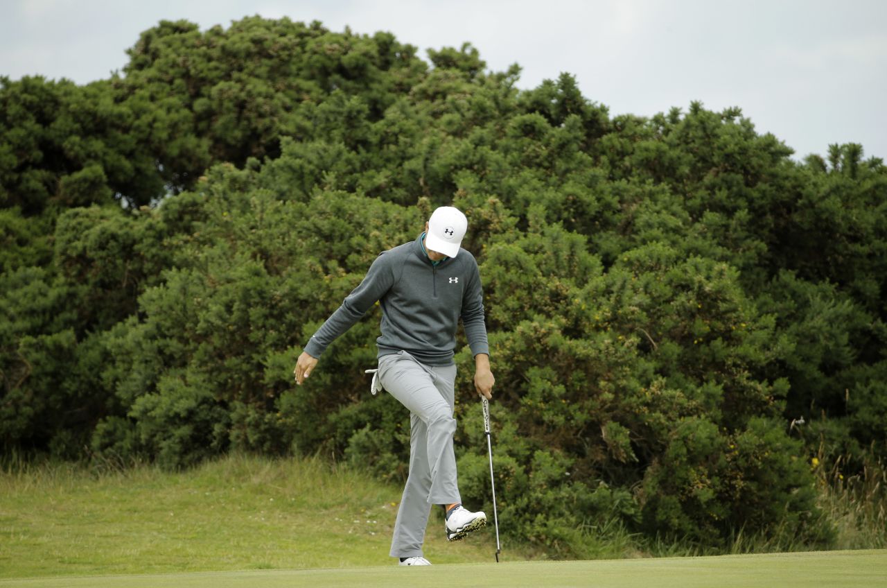 Ever the perfectionist. Spieth reacts after a missed putt on the eighth during his third round at St Andrews.