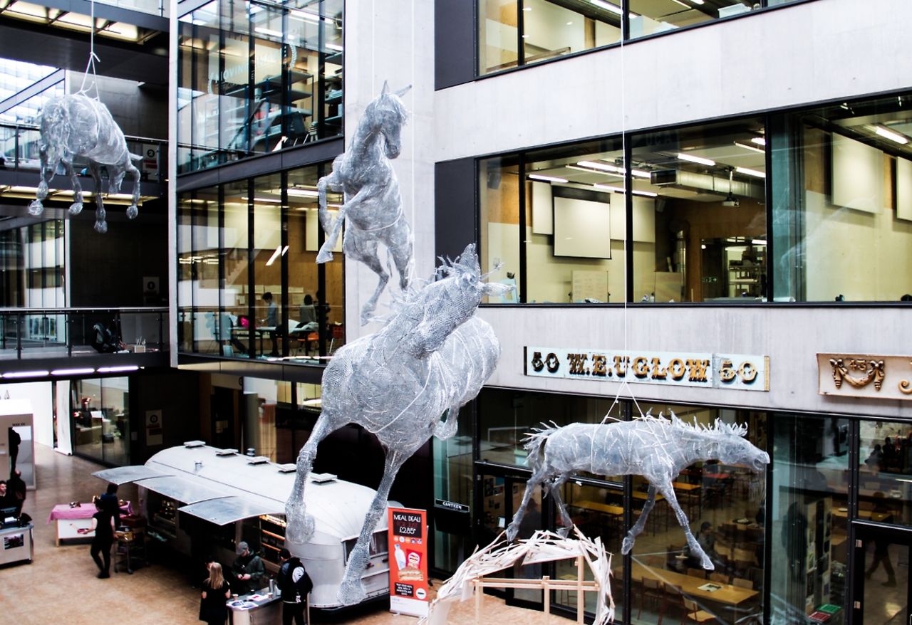 The French postgraduate art student's sculpture is titled "Stabat Mater (Lorasifar, Depakin, Tegretol & Circadin)." It was inspired by her older brother's life-long struggle with epilepsy and autism. Each horse is named after the four medicines (listed in brackets in the title) prescribed to control his epilepsy.