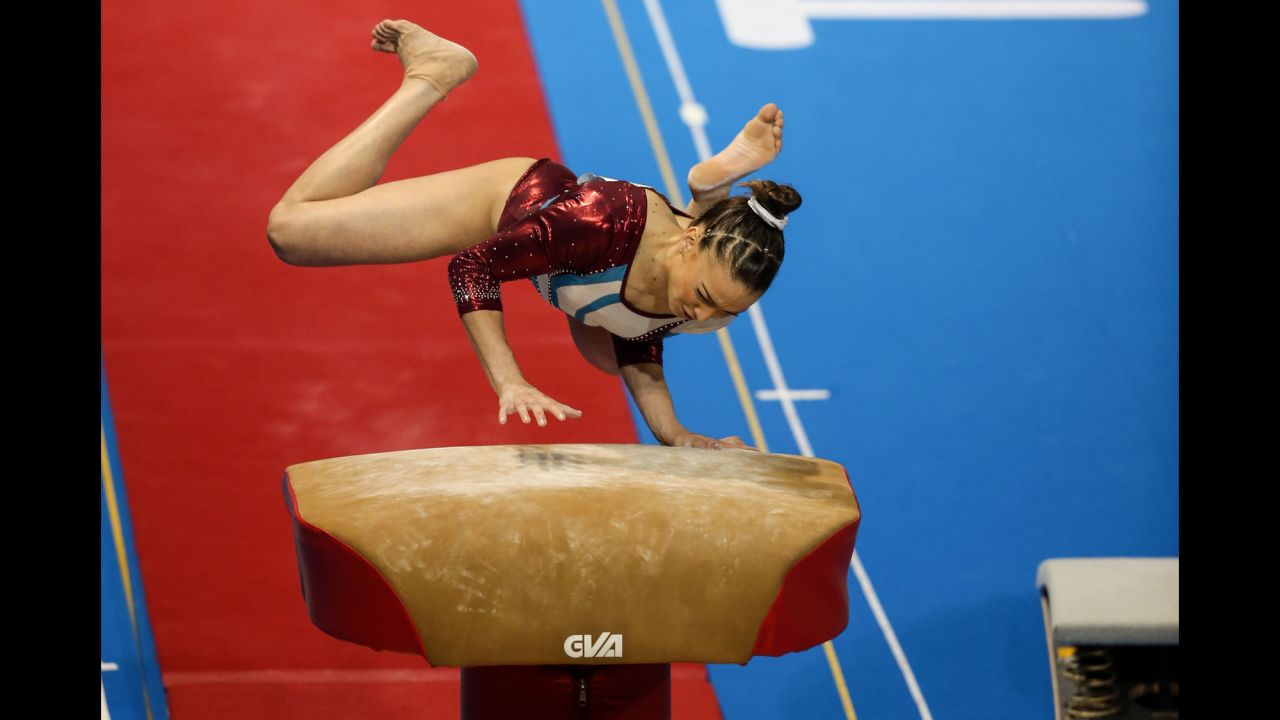 Puerto Rican gymnast Paula Mejias bails out of a vault attempt during the Pan American Games on Tuesday, July 14.