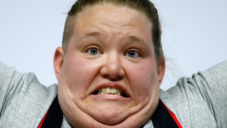 U.S. weightlifter Holley Mangold grimaces while competing at the Pan American Games on Wednesday, July 15.