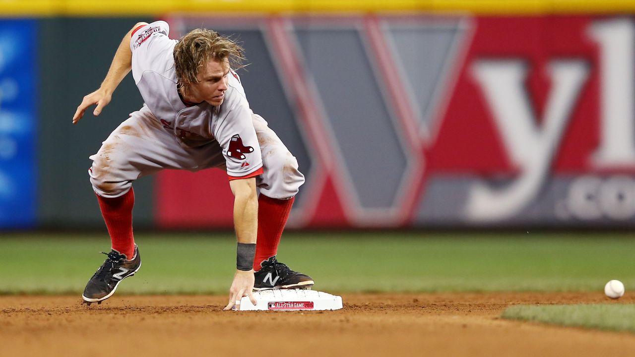 Boston's Brock Holt steals second base during the Major League Baseball All-Star Game on Tuesday, July 14. Holt and the American League won 6-3 in Cincinnati.