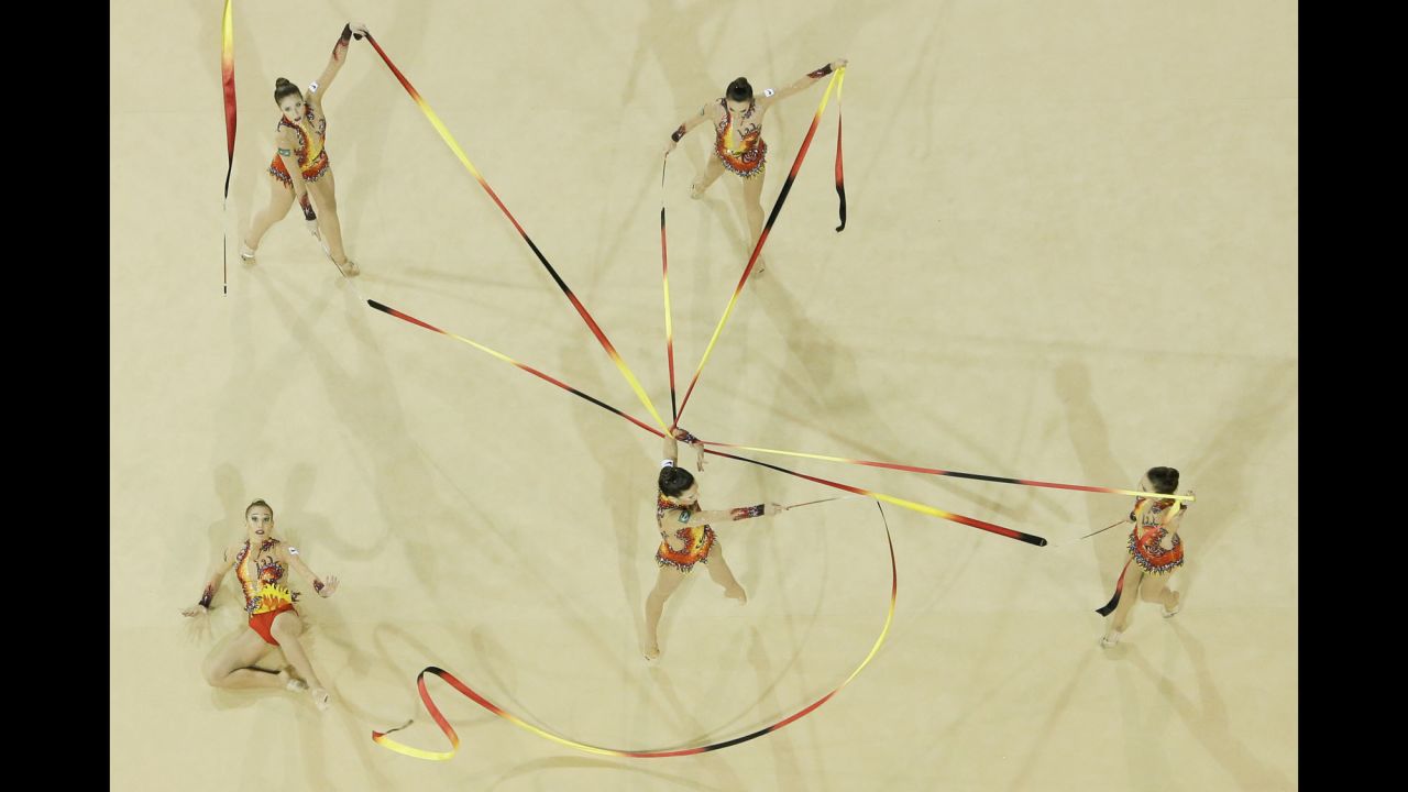 Brazil's rhythmic-gymnastics team performs in the ribbons final at the Pan American Games on Sunday, July 19. It won gold in the event.