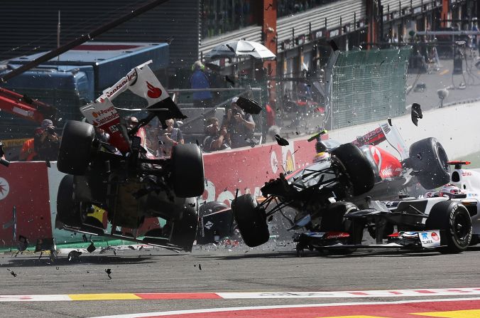 Fernando Alonso, Romain Grosjean and Lewis Hamilton collided at the first corner of the Belgian Grand Prix in 2012. <br />"That's probably my biggest ever crash picture," Thompson explains. "It's just incredible when you look at it, and you see the amount of carbon fiber that's shattered in the air."