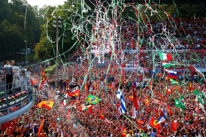 The podium photo is one of the most important shots of the day. "The podium is always interesting," says Thompson. "You kind of know how drivers will react." Hamilton, who is celebrating here at the 2014 Italian Grand Prix, is always pretty good when it comes to enthusiastic celebrations.