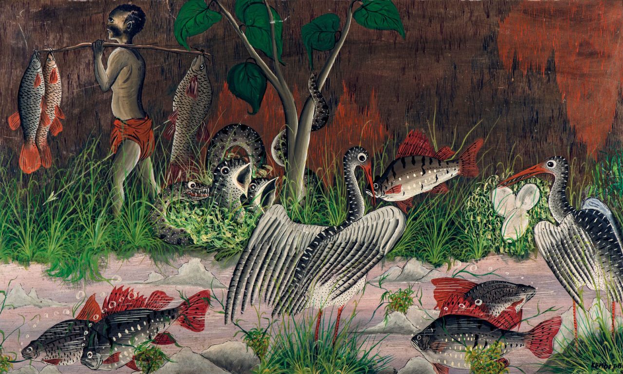 A graduate of the Académie des Beaux-Arts, Jean-Bosco Kamba was famous for his rich, meticulous landscapes.  He was particularly drawn to fishing scenes. (Pictured: Untitled, 1958)