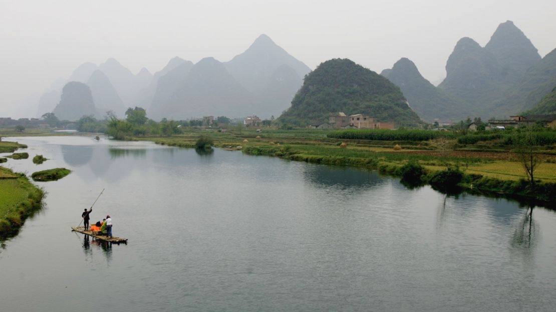Bamboo rafts amid the splendour of Yangshuo.