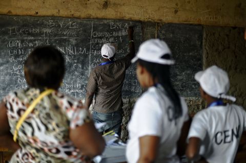 Election officials count votes at a polling station in Bujumbura on July 21.