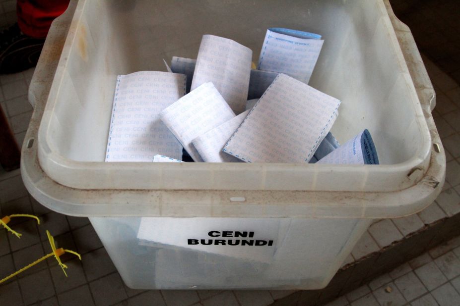 Ballots lie in a box at a polling station at the University of Burundi in Bujumbura on July 21.
