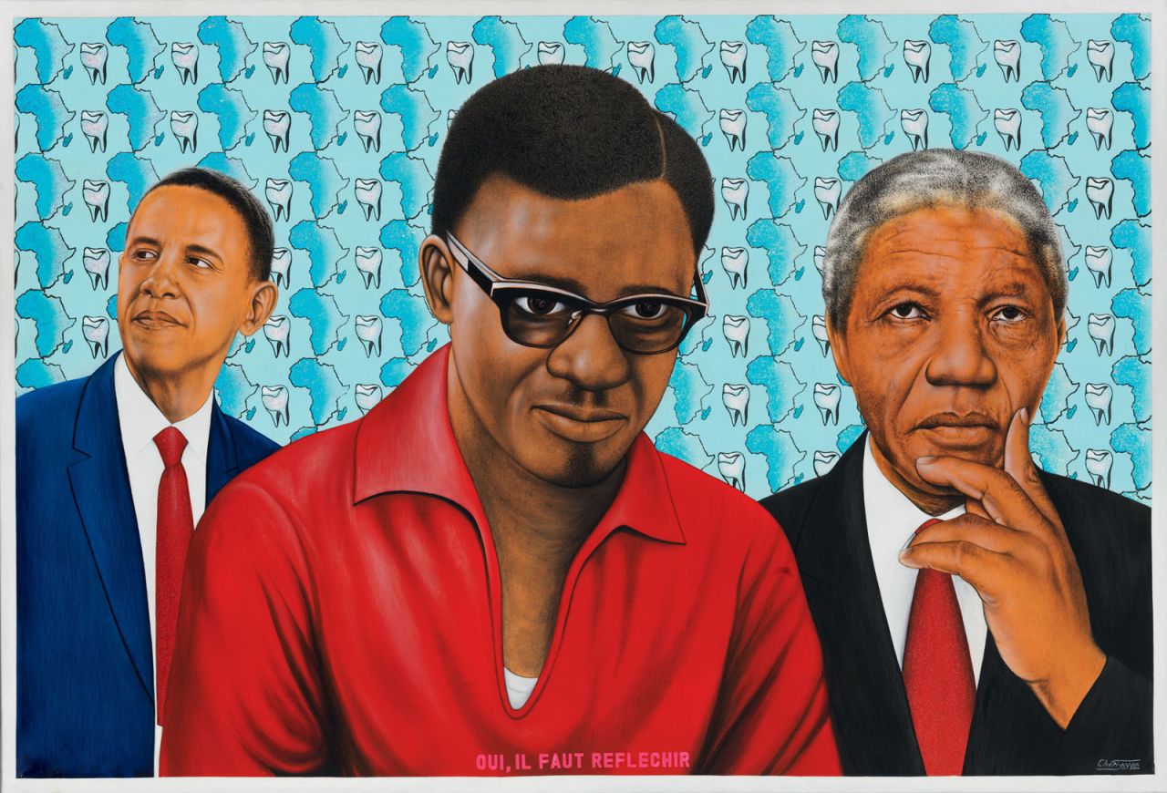 Cheri Samba earned a living as a billboard painter and comic book artist before opening his own studio in 1975.  He is often one of the subjects in his paintings, and often weaves in text in French and Lingala. (Pictured: Oui, il faut reflechir, 2014)