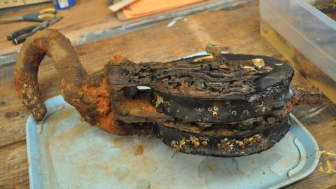 This piece of nautical tackle was used to move objects topside on the Confederate ironclad. Teredo shipworms have consumed most of the vessel's wooden hull and components.