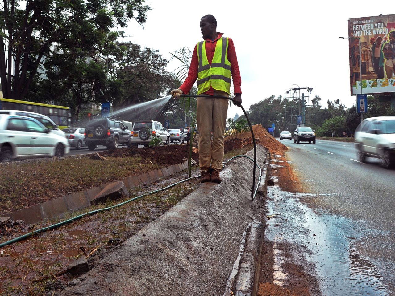 A worker waters new grass planted on a kerb along a street in Nairobi on July 9. before 