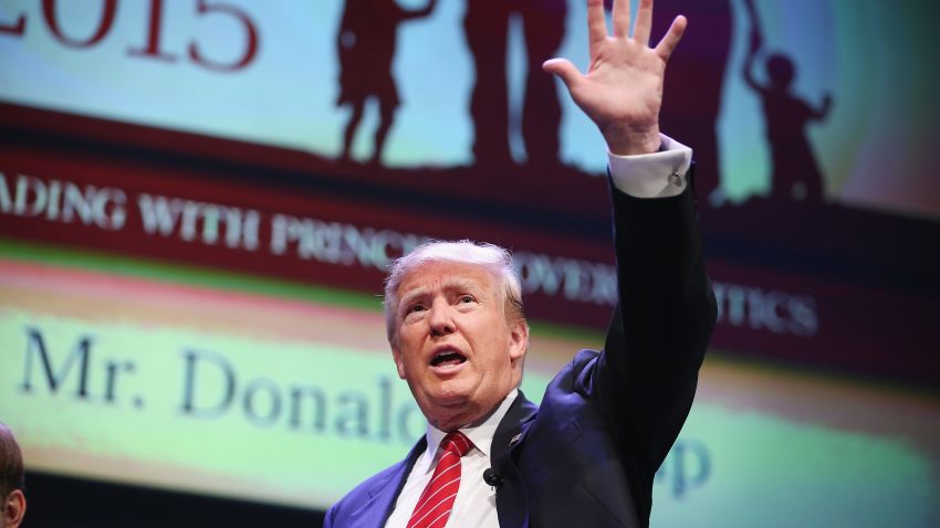 Republican presidential hopeful businessman Donald Trump fields questions at The Family Leadership Summit at Stephens Auditorium on July 18, 2015 in Ames, Iowa. According to the organizers the purpose of The Family Leadership Summit is to inspire, motivate, and educate conservatives. 