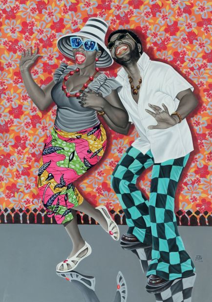 Born in 1980, Jean Paul Mika is the youngest of the 'Popular Painters' included in The Foundation Cartier's Beaute Congo exhibit. His characters are modeled after the type of studio portraits popular in 1960's Kinshasa. (Pictured: Kiese na Kiese, 2014)