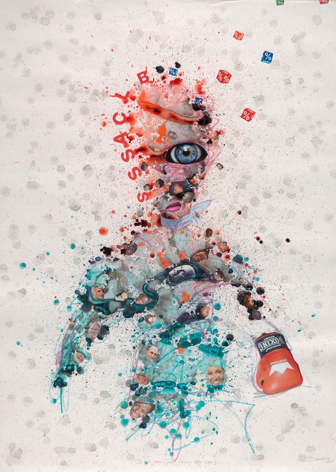 Steve Bandoma studied at the Academie des Beaux-Arts in Kinshasa before co-founding the avant-garde collective, Librisme Synergie. Bandoma's painting-collage hybrids reflect the energy and violence of the contemporary world. (Pictured: Je suis jeune, Cassius Clay series, 2014)