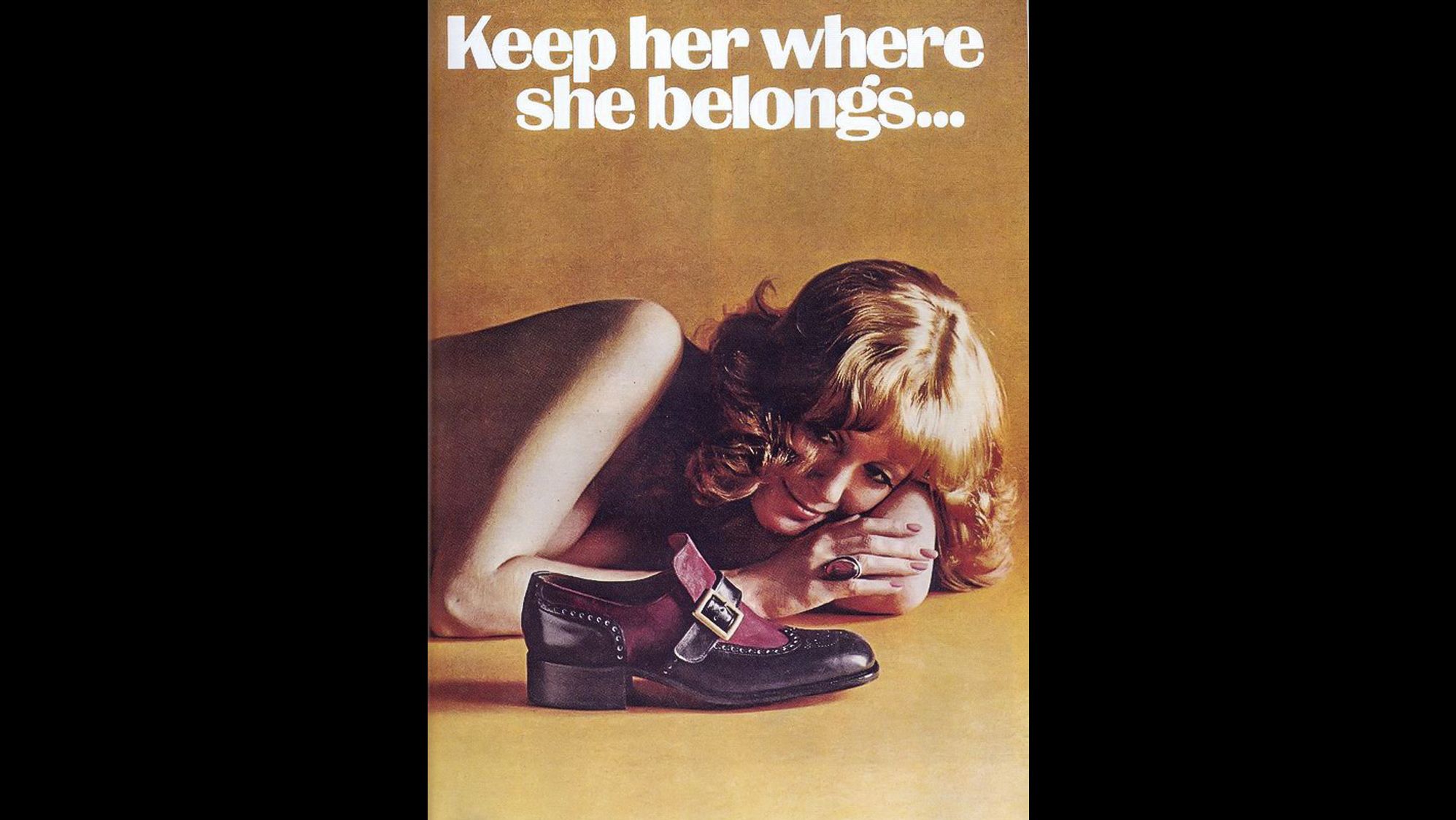 This ad for Weyenberg Massagic shoes was featured in Playboy magazine and reprinted in the "No Comment" section of Ms. magazine in December 1974.