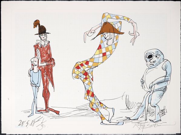 "Clowns" by Ralph Steadman, 1988. A retrospective of 50 years of the legendary illustrator's cartoons is showing at Lazarides gallery, London. 