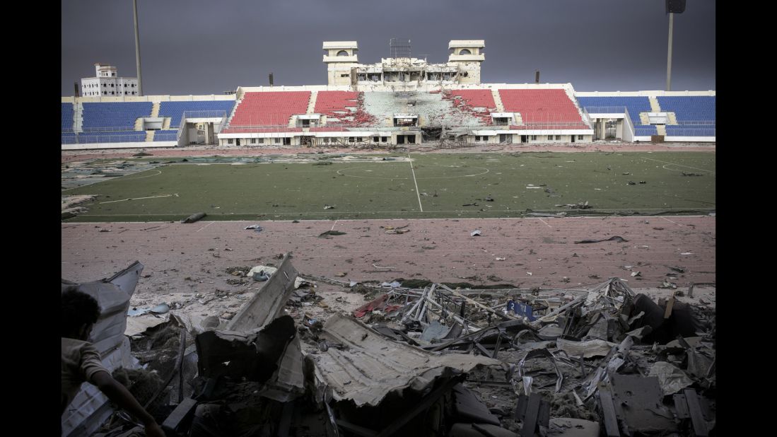 This soccer stadium was heavily damaged by shelling.