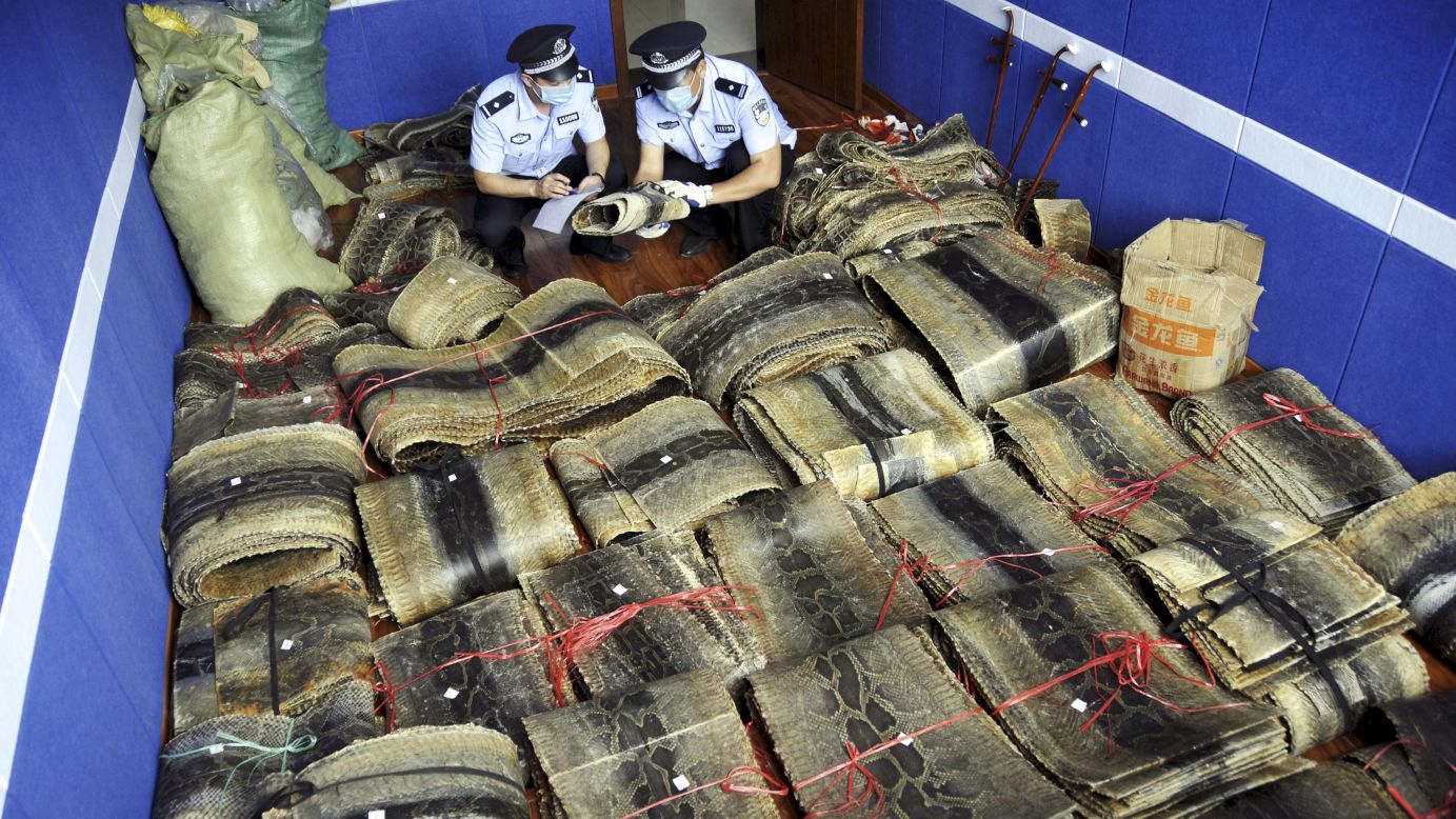 Police officers in Linyi, China, register bundles of seized python skins on Friday, July 17.