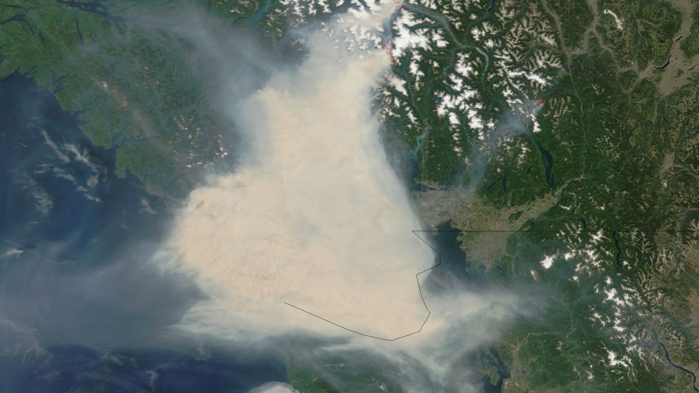 Fires in western Canada sent thick smoke over Vancouver and adjacent areas of British Columbia in early July. Some residents wore face masks for protection and health officials warned Women's World Cup fans against outdoor activities. NASA's Terra satellite captured these images of the smoke July 5 and 6. The smoke almost obscures the Strait of Georgia and southern Vancouver Island. 