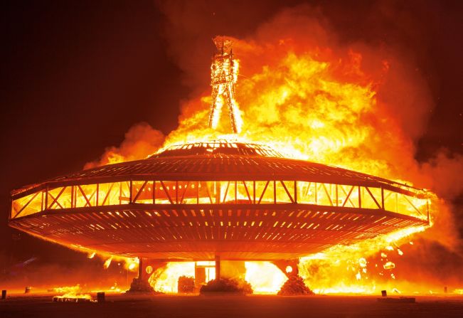 "Art is central to the event," says Guy, "from the very first Burning Man figure to the vast plain of installations that characterizes them even today." "Man Burn" by Larry Harvey, Jerry James, Dan Miller, the ManKrew, Lewis Zaumeyer and Andrew Johnstone (2013) is shown here. 