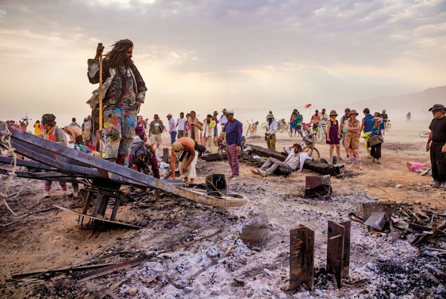 Burning Man has given Guy "a sense of what teams of volunteers, guided by a common vision and goal, can accomplish. All without the usual structures of hierarchy, money, government, religious institutions, or corporations." "Remains of the Man" by Burning Man arts festival participant Kaspian (2013) is shown here. 