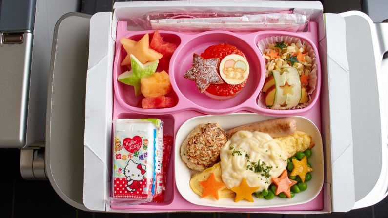 EVA's Hello Kitty jets feature more than 100 branded inflight items, including headrest covers, blankets, pillows, and, of course, Hello Kitty-themed meals. 