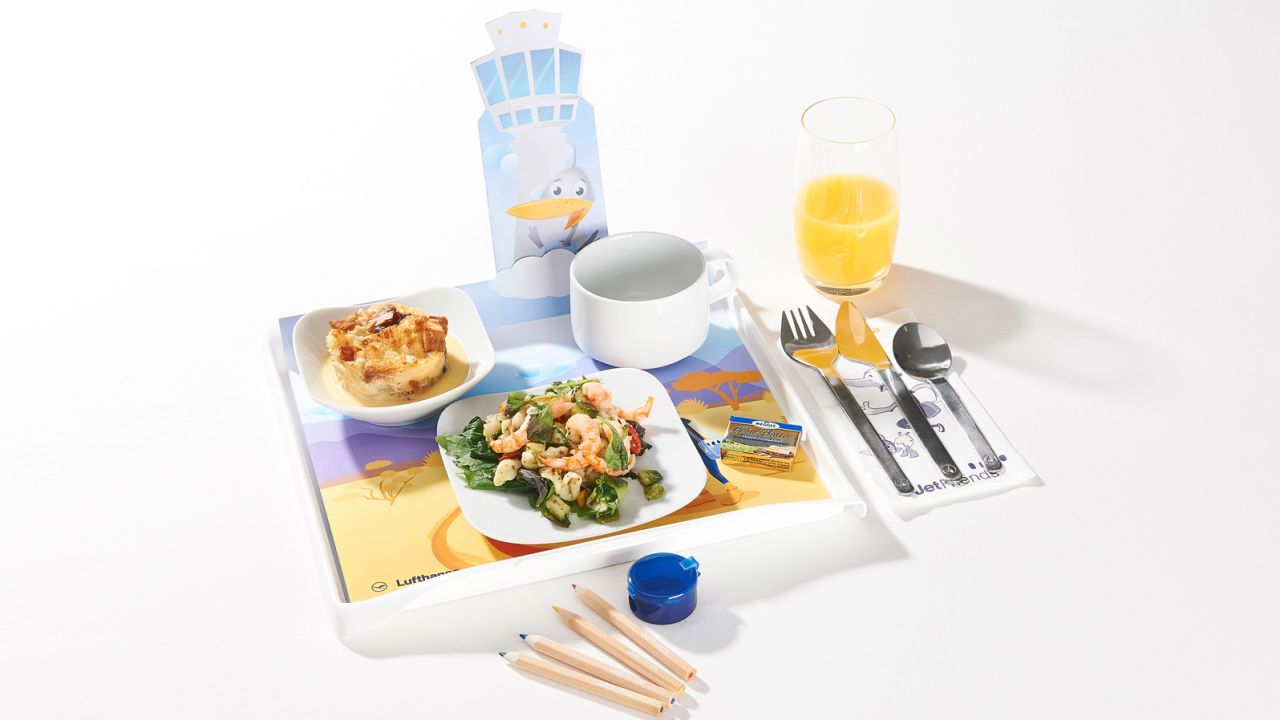 Chicken or fish? Bleh. Lufthansa's inflight menu may include Butterfly Dream (gnocchetti pasta salad with shrimp) or Potato Sunset (wedges with tomato sauce).