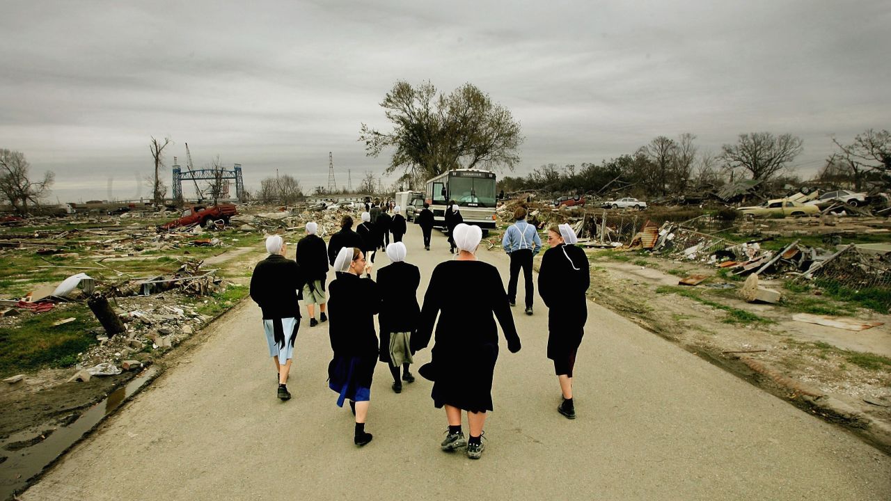 A group of Amish student volunteers tour the Lower Ninth Ward on February 24, 2006.